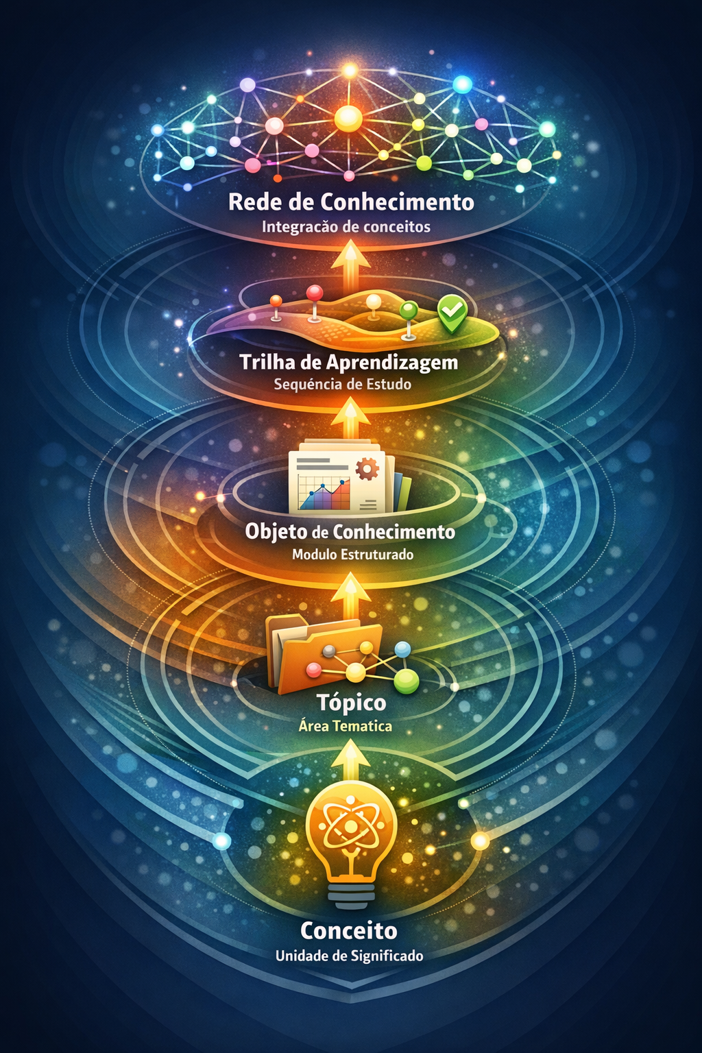 Infograma da estrutura do conhecimento no OLA com os cinco níveis: conceito, tópico, objeto de conhecimento, trilha de aprendizagem e rede de conhecimento.