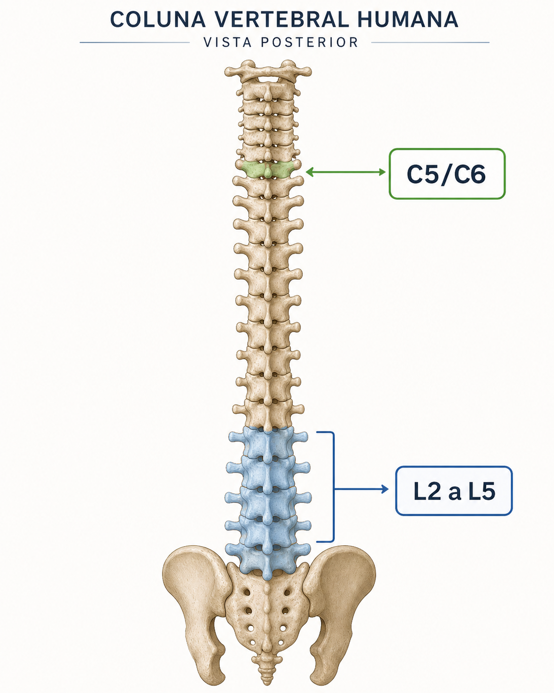 Ilustração anatômica da coluna apontando para C5/C6 e L2 a L5